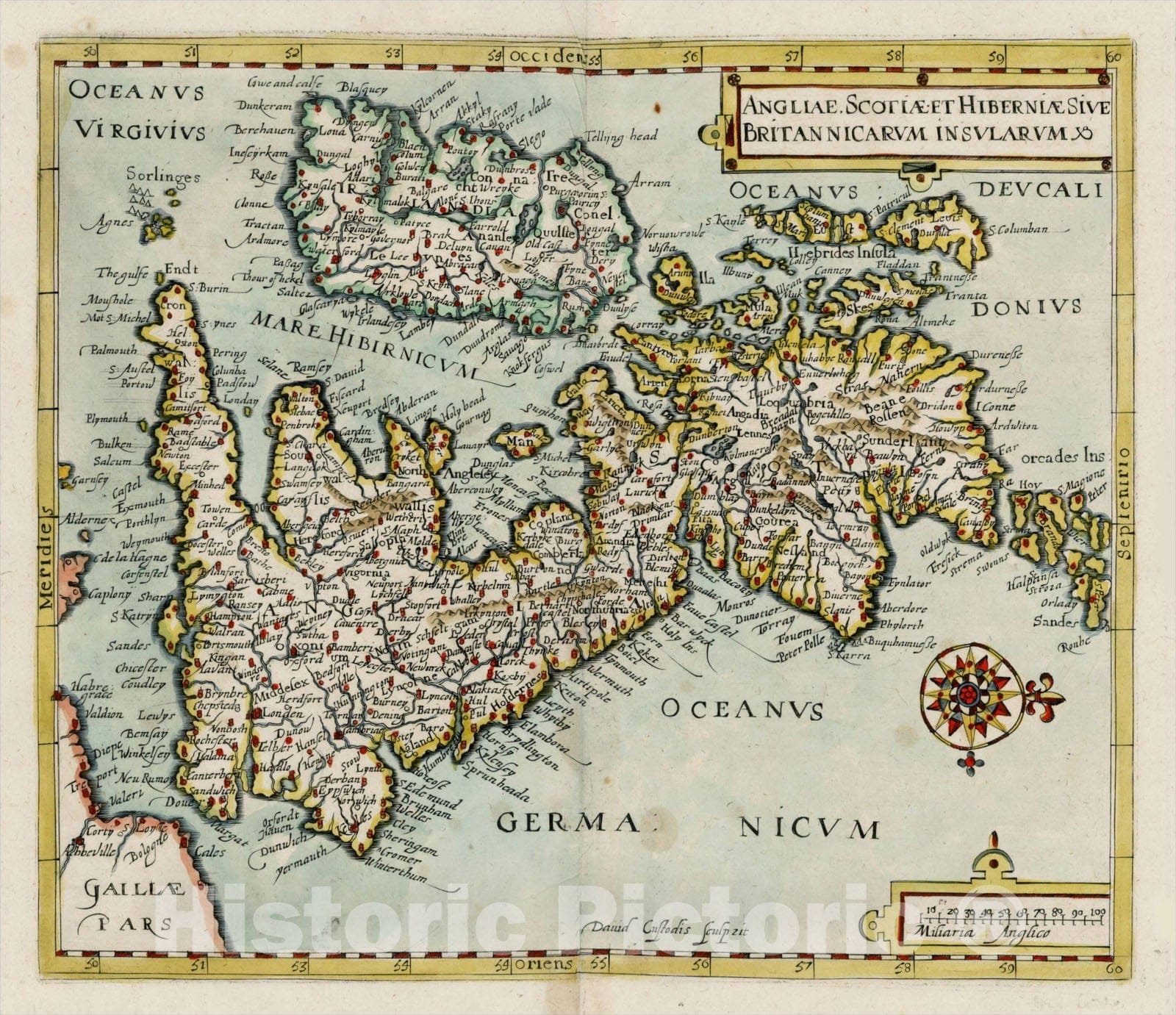Historic Map : Anglie, Scotiae et Hiberniae Sive Britannicarum Insularum, c1627, David Custodis, Vintage Wall Art