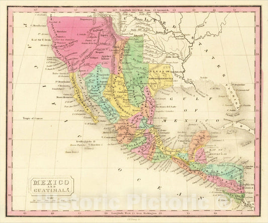 Historic Map : Mexico and Guatimala, 1828, J.H. Young, Vintage Wall Art