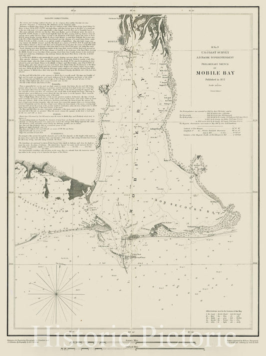 Historic Map : Preliminary Sketch of Mobile Bay Published in 1852, 1852, United States Coast Survey, Vintage Wall Art
