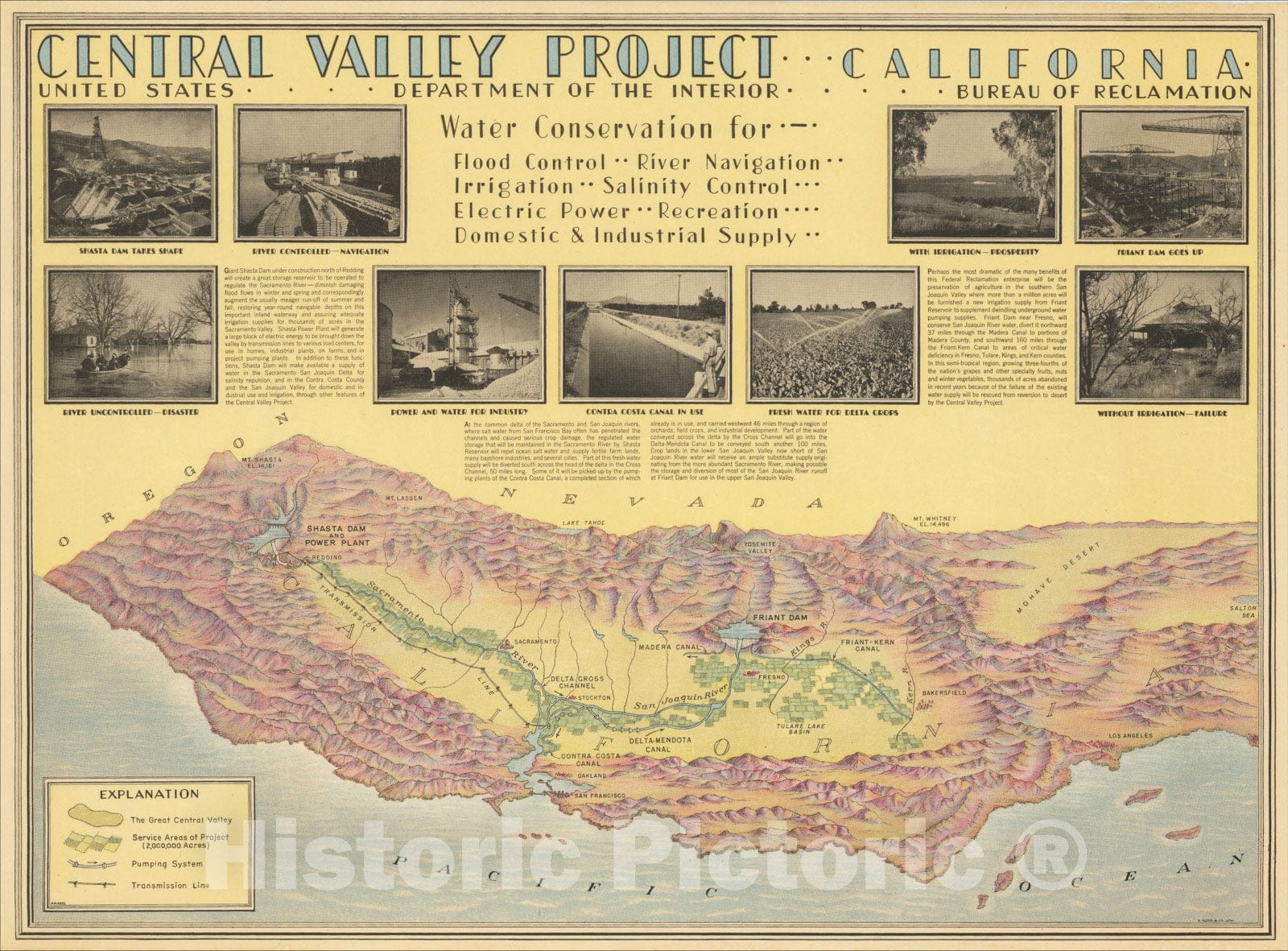 Historic Map : Central Valley Project -- California [Map and Views of California], 1938, Hoen & Co., Vintage Wall Art