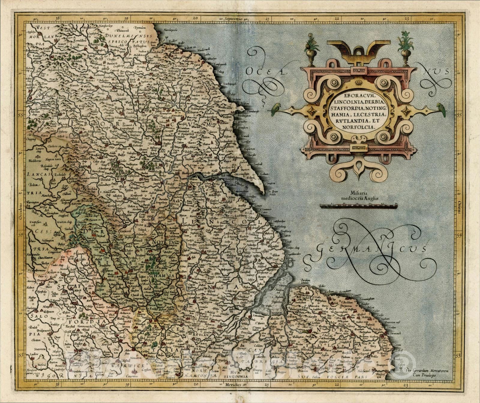 Historic Map : Eboracum Lincolnia, Derbia, Staffordia, Notinghamia, Lecestria, Rutlandia, et Norfolcia [From of Mercator Atlas], 1595, Gerard Mercator, Vintage Wall Art