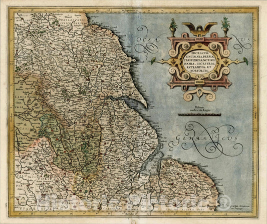 Historic Map : Eboracum Lincolnia, Derbia, Staffordia, Notinghamia, Lecestria, Rutlandia, et Norfolcia [From of Mercator Atlas], 1595, Gerard Mercator, Vintage Wall Art