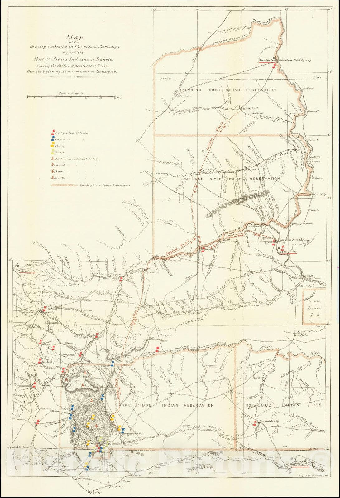Historic Map : Map of Hostile Sioux Indians of Dakota Showing the different positions of Troops, 1892, Engineers Office, Department of Missouri, Vintage Wall Art