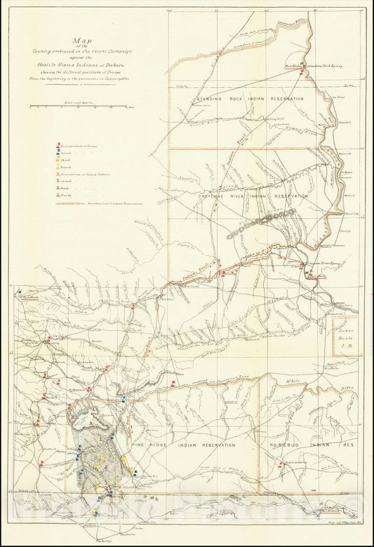 Historic Map : Map of Hostile Sioux Indians of Dakota Showing the different positions of Troops, 1892, Engineers Office, Department of Missouri, Vintage Wall Art