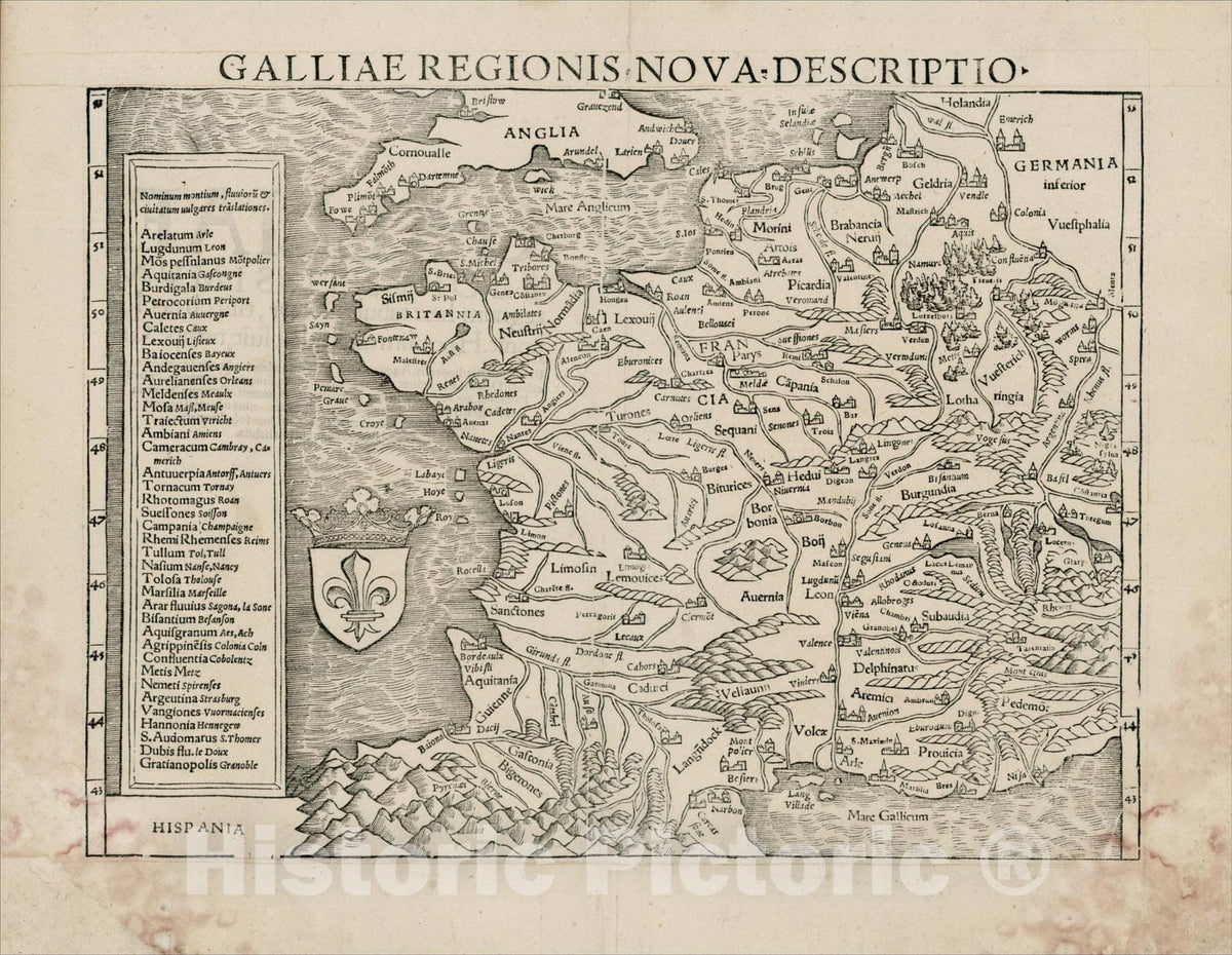 Historic Map : Galliae Regionis Nova Descriptio, 1542, , Vintage Wall Art