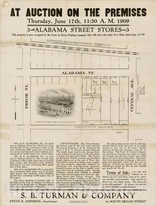 Historic Map : [Underground Atlanta] At Auction On The Premises -- Alabama Street Stores, 1909, Foote & Davies, Vintage Wall Art
