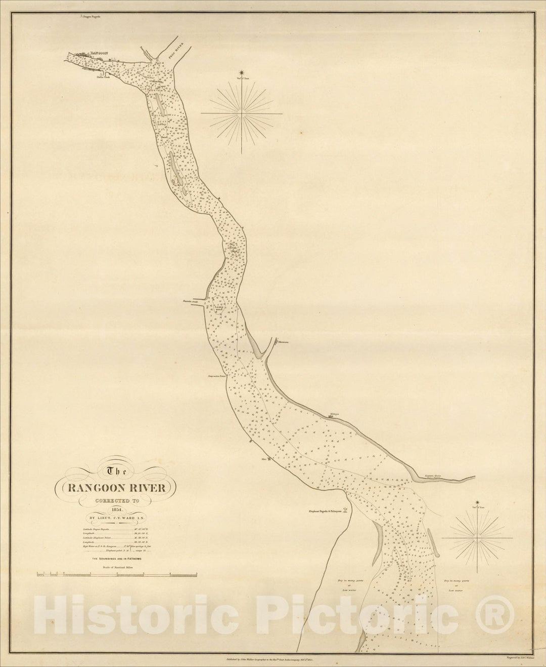 Historic Map : The Rangoon River Corrected to 1854. By Lieut. C.Y. Ward I.N., 1854, John Walker, Vintage Wall Art
