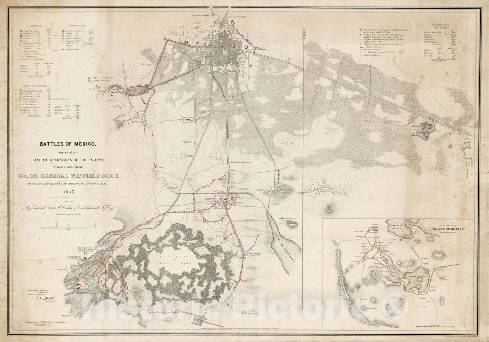 Historic Map : Battles of Mexico Survey of the Line of Operations of the U, 1847, , Vintage Wall Art