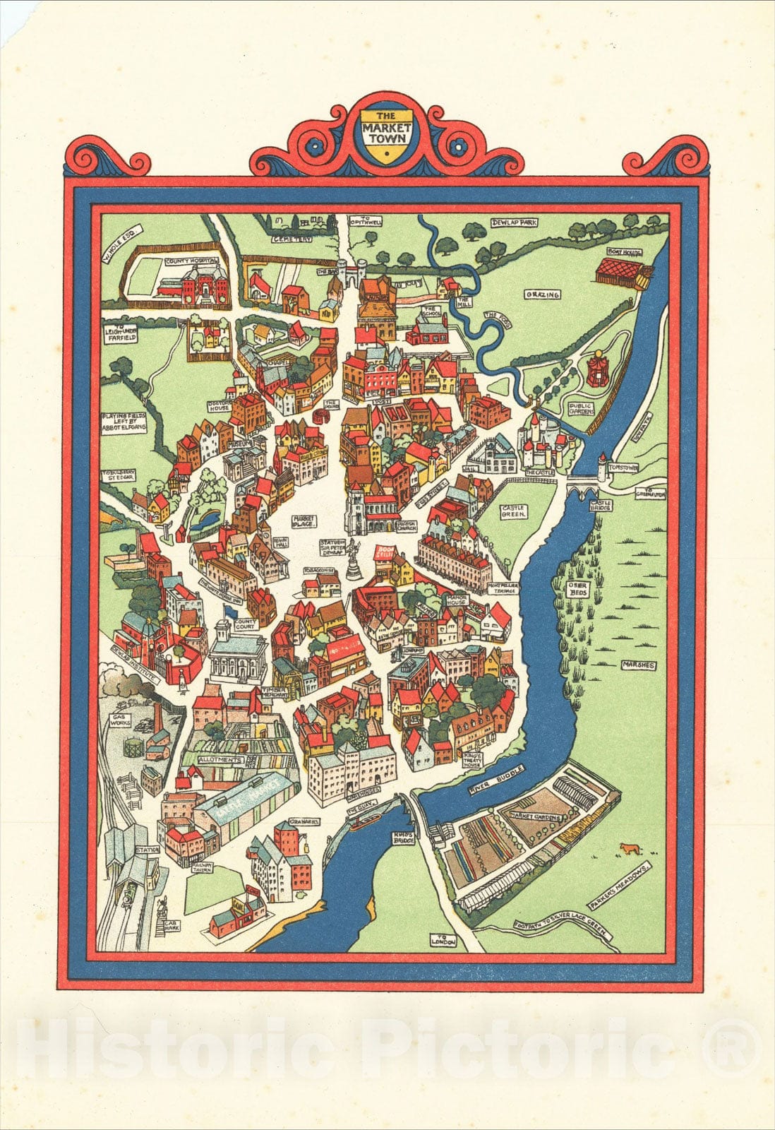 Historic Map : The Market Town, 1924, Gilbert Anthony Pownall, Vintage Wall Art