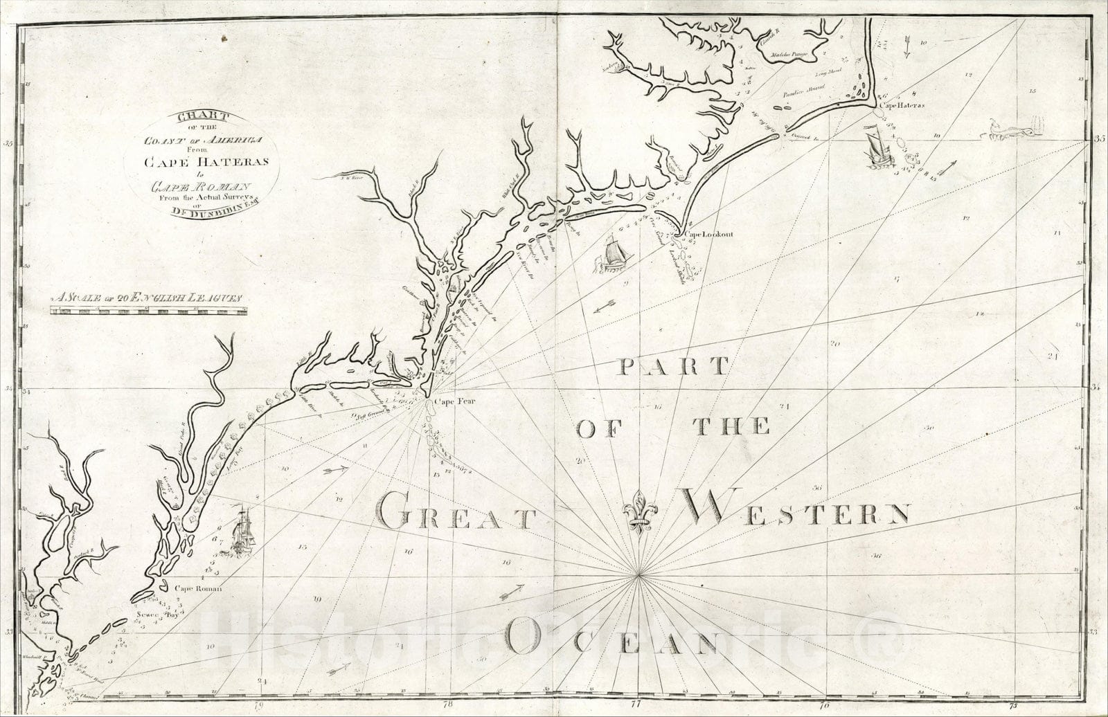 Historic Map : Chart of the Coast of America from Cape Hateras to Cape Roman from the actual surveys of Dl. Dunbibin Esq, 1791, , Vintage Wall Art