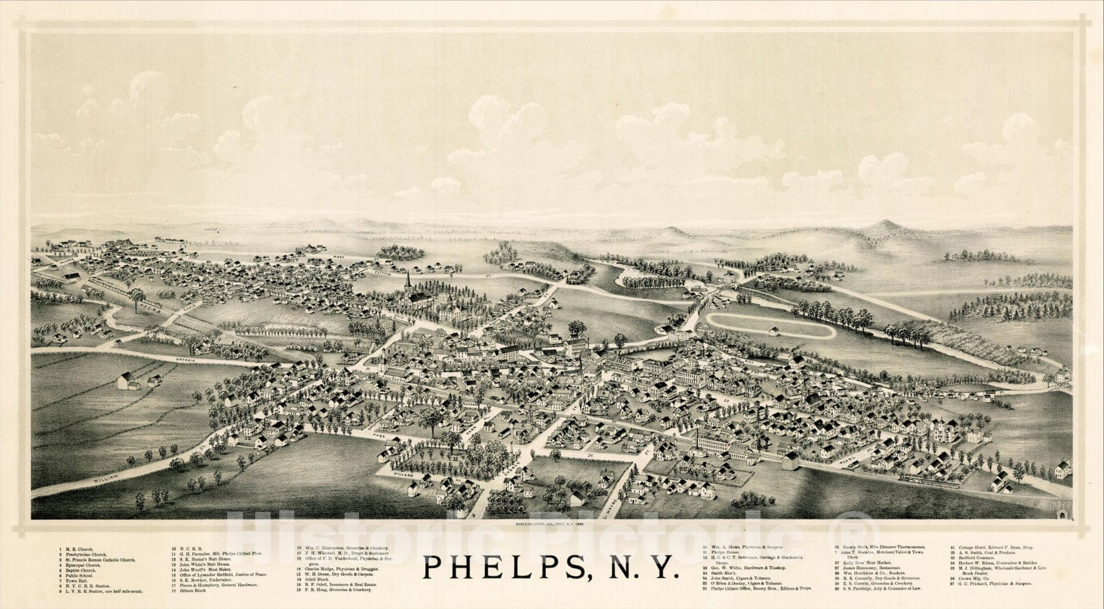 Historic Map : Phelps, N.Y. 1892 (Birdseye View), 1892, , Vintage Wall Art