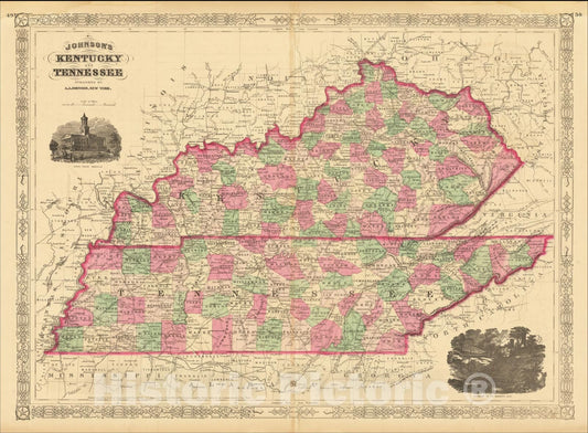 Historic Map : Johnson's Kentucky and Tennessee, 1866, Alvin Jewett Johnson, Vintage Wall Art