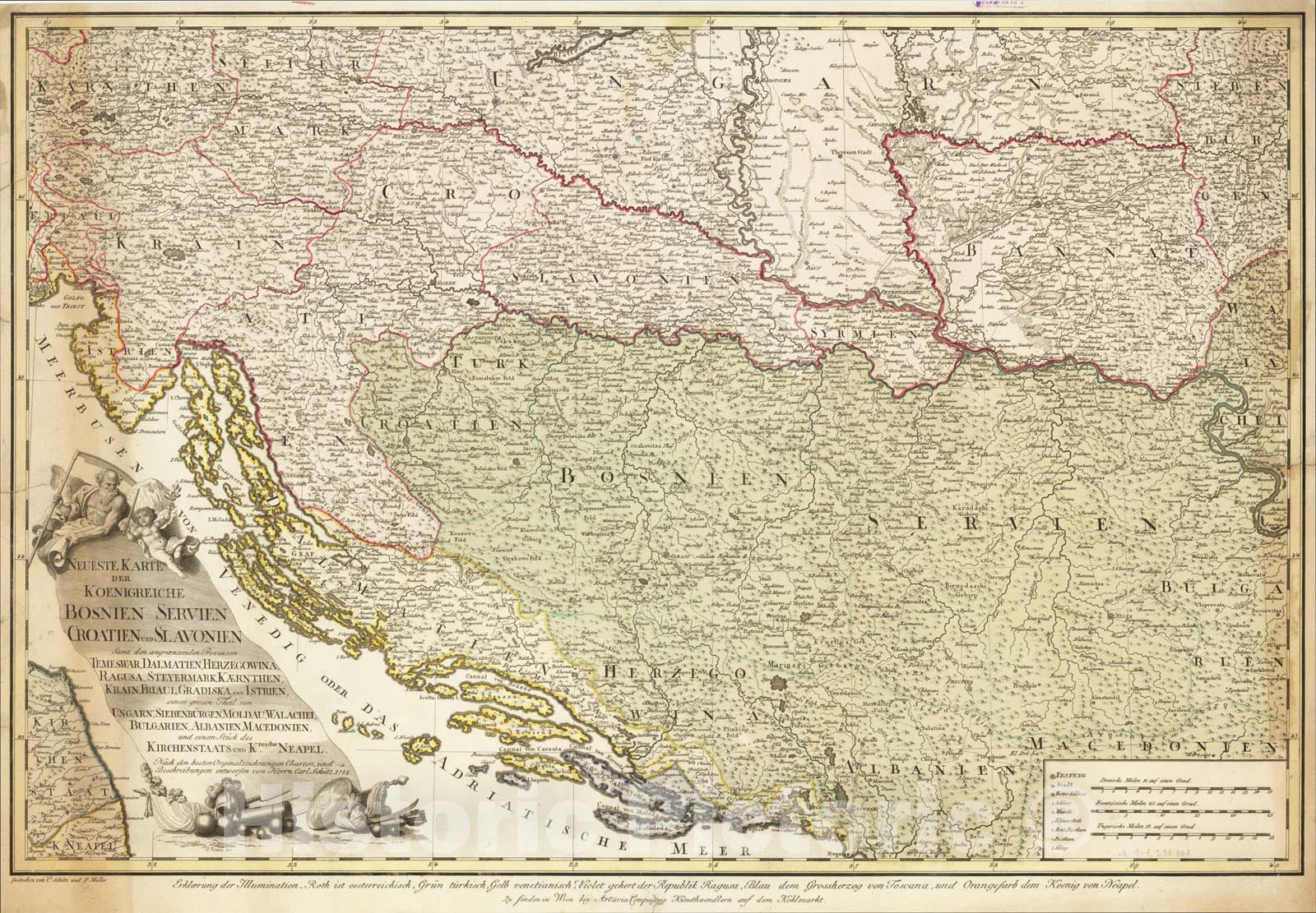 Historic Map : Neueste Karte der Koenigreiche Bosnien Servien Croatien und Slavonien, 1788, H. C. Schmitz, Vintage Wall Art