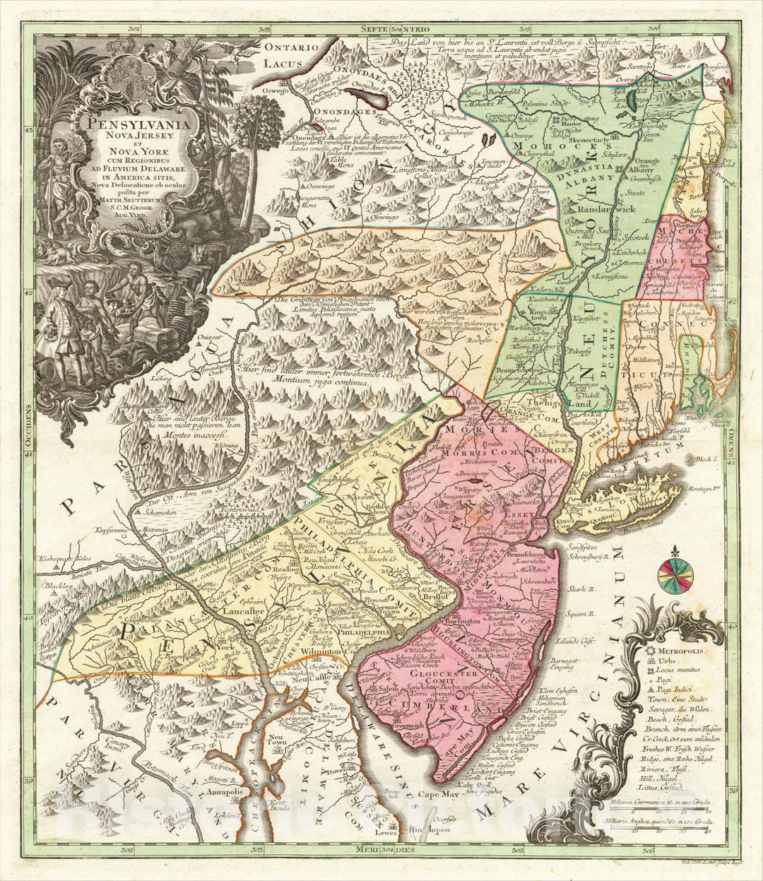 Historic Map : Pensylvania Nova Jersey et Nova York cum Regionibus Ad Fluvium Delaware In America Sitis, Nova Delinatione ob oculos posita, c1750, Vintage Wall Art