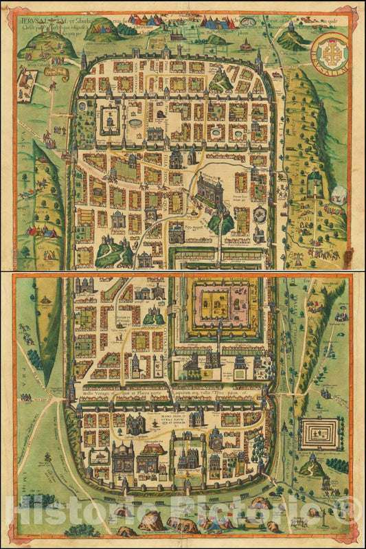 Historic Map : Ierusalem, et Suburbia eius, sicut Tempore Christi Floruit, cum Locis in quibus Christ Passus, 1588, Georg Braun, Vintage Wall Art