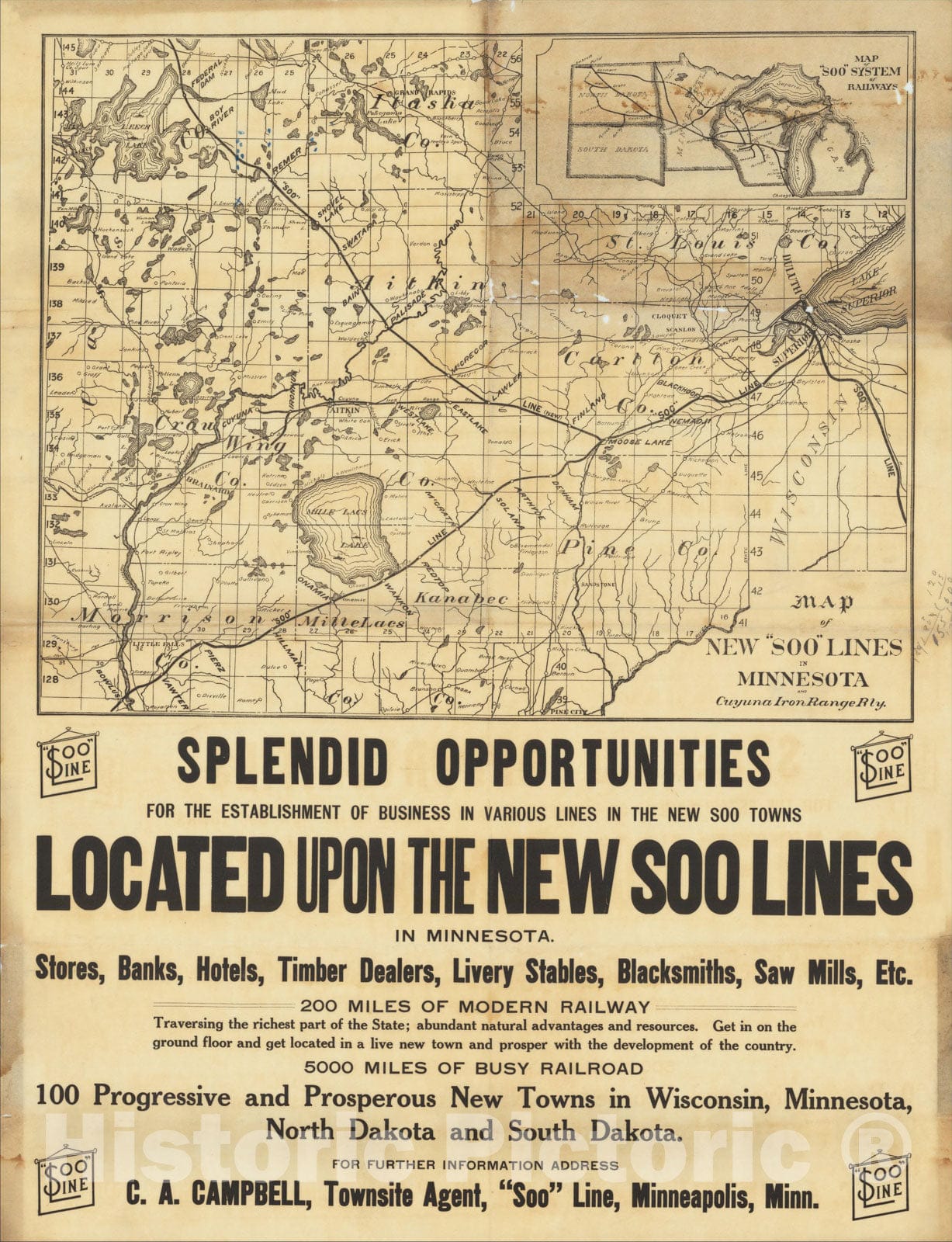 Historic Map : Map of New Soo Lines in Minnesota and Cuyuna Iron Range Rly., c1910, Soo Line, Vintage Wall Art