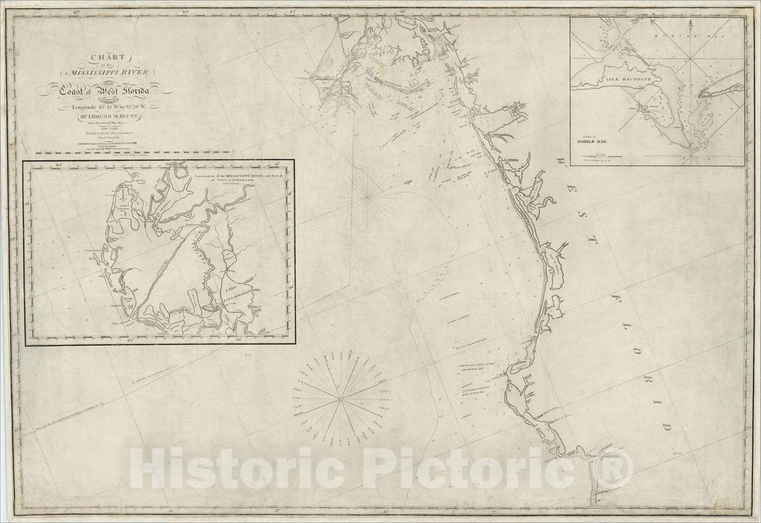 Historic Map : Chart of the Mississippi River and the Coast of West Florida, Extending from Longitude 83? 45' W. to 92? 20' W., 1818, 1818, , Vintage Wall Art
