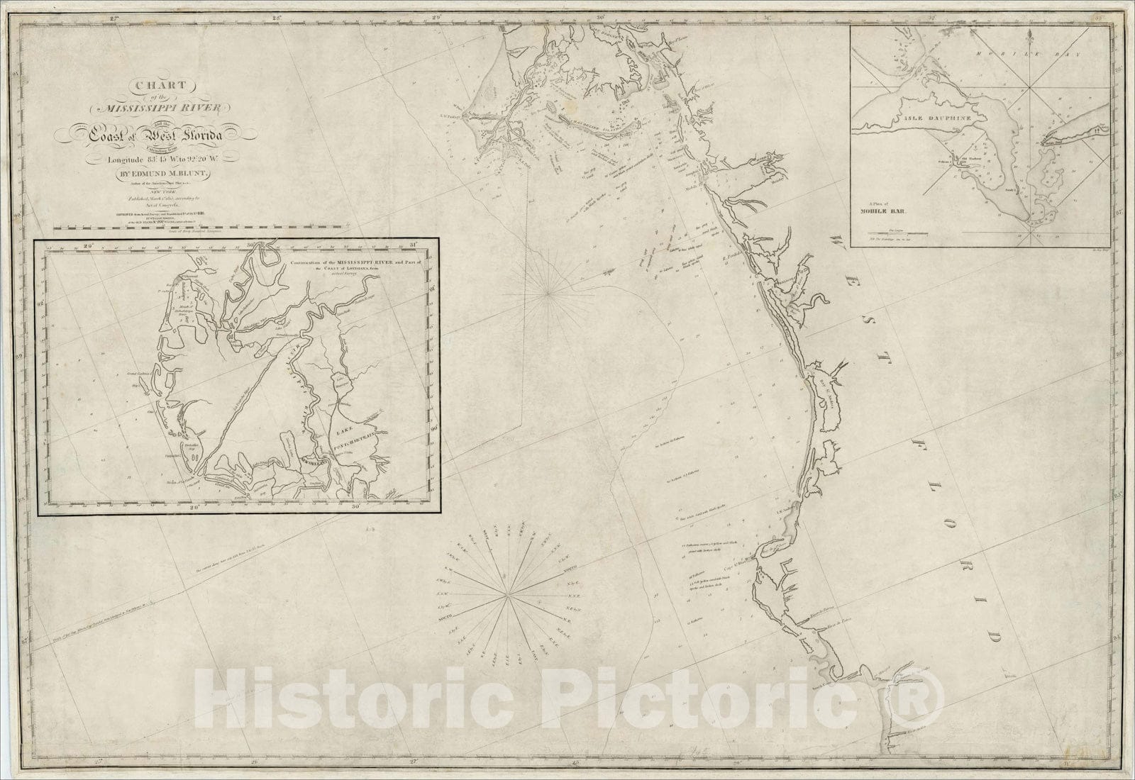 Historic Map : Chart of the Mississippi River and the Coast of West Florida, Extending from Longitude 83? 45' W. to 92? 20' W., 1818, 1818, , Vintage Wall Art