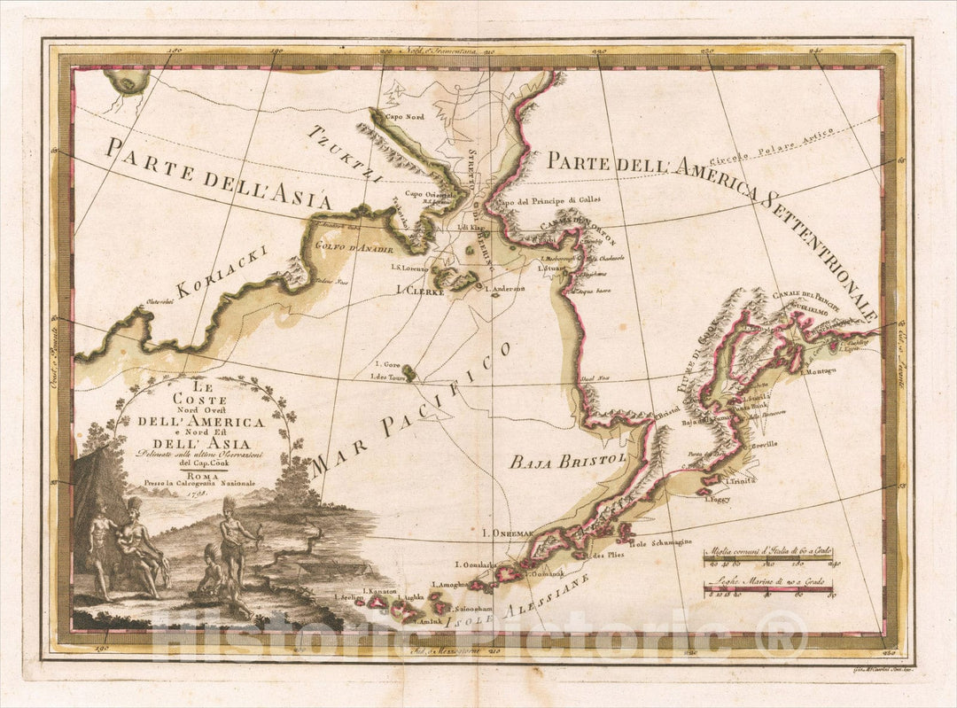 Historic Map : Le Coste Nord Ouest Dell' America e Nord Est Dell' Asia Delineate sulle ultime Observatizioni del Cap. Cook, 1788, 1788, Cassini, Vintage Wall Art