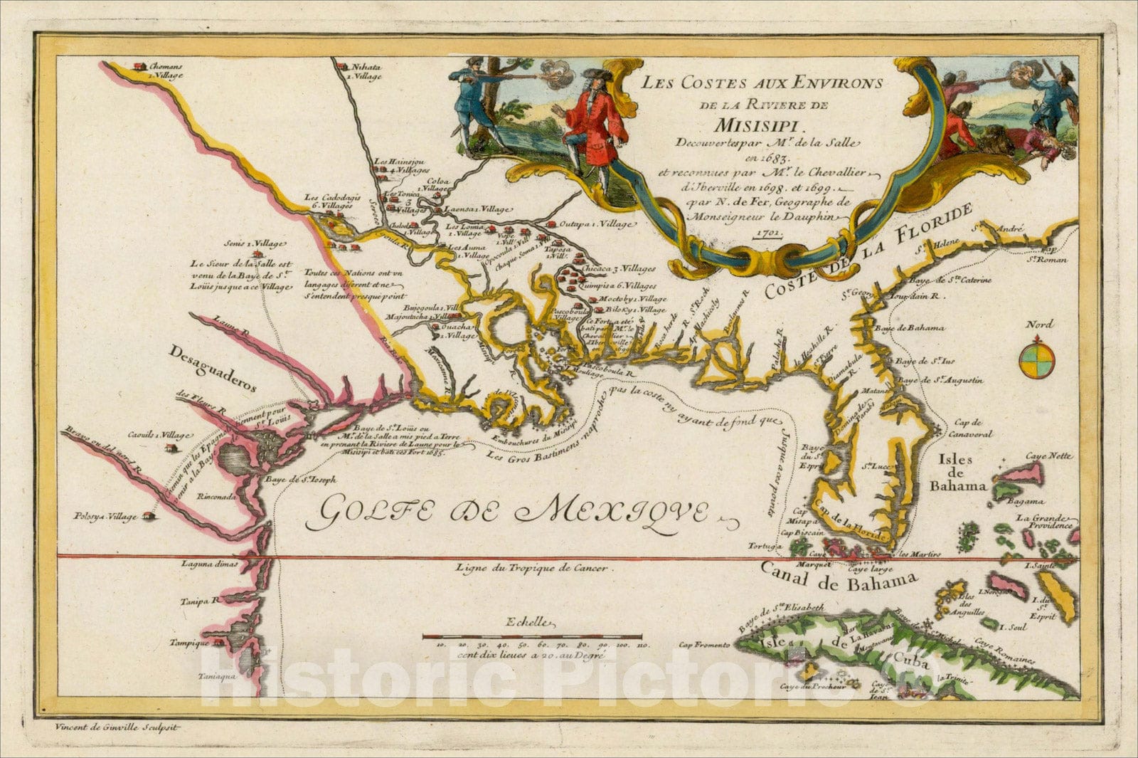 Historic Map : Les Costes Aux Environs De La Riviere De Misisipi Decouvertes par Mr. De la Salle en 1683, 1701, Nicolas de Fer, Vintage Wall Art