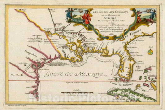 Historic Map : Les Costes Aux Environs De La Riviere De Misisipi Decouvertes par Mr. De la Salle en 1683, 1701, Nicolas de Fer, Vintage Wall Art