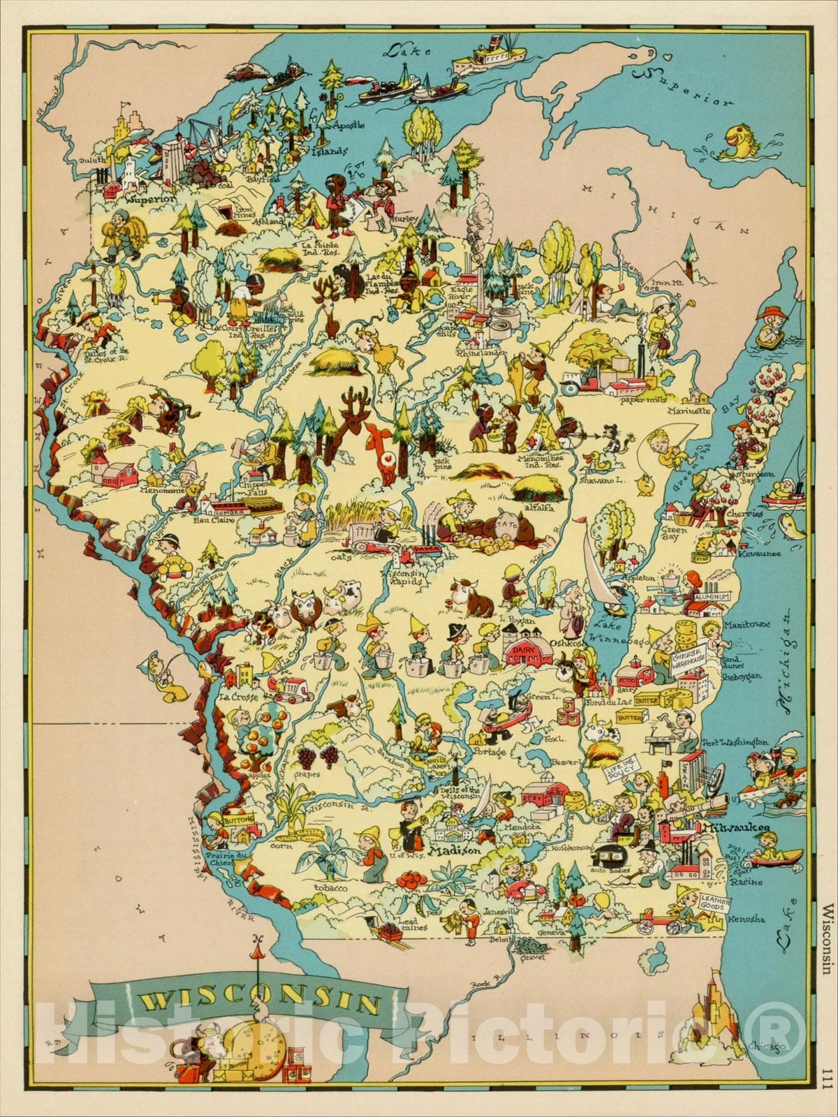 Historic Map : Wisconsin, 1935, Ruth Taylor White, v1, Vintage Wall Art