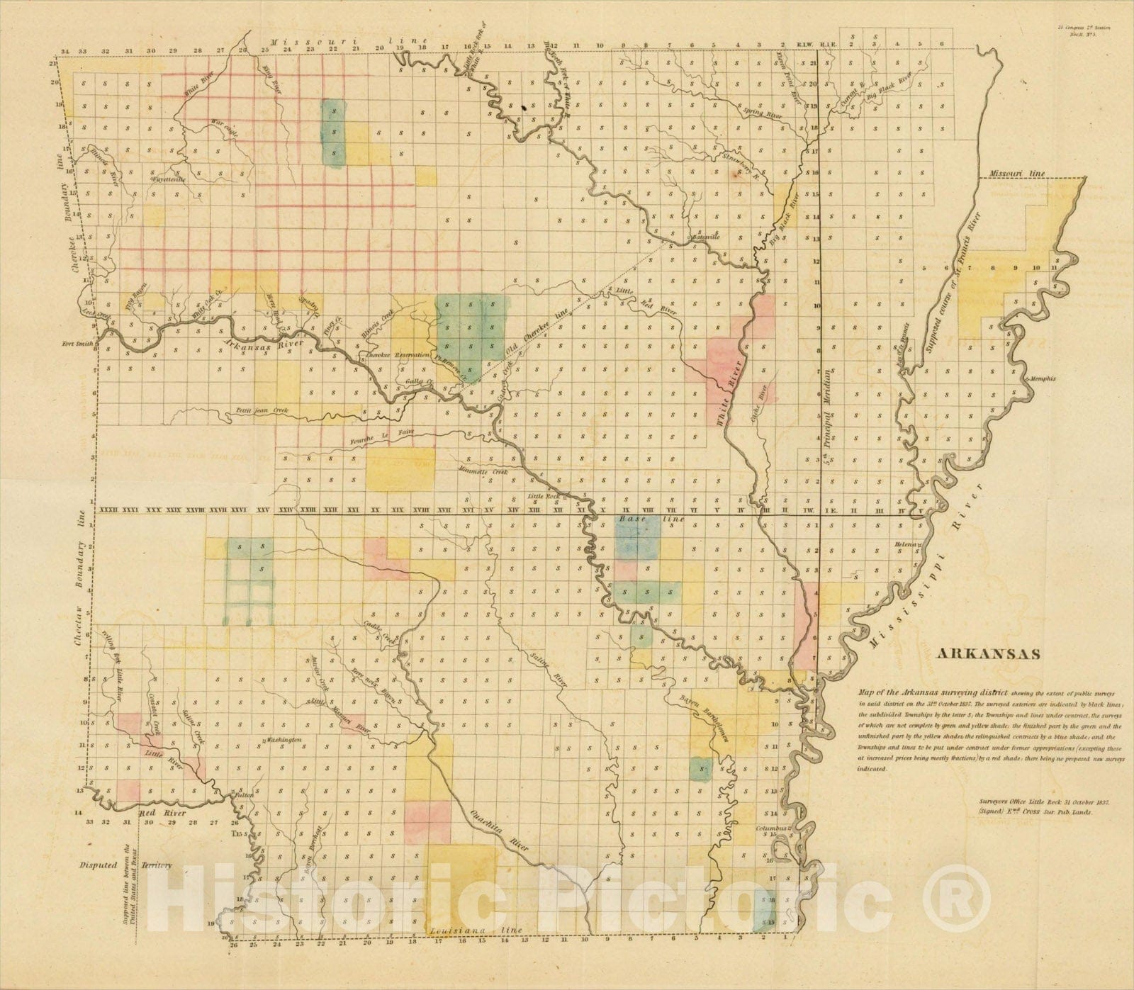 Historic Map : Arkansas - Map of the Arkansas surveying district shewing the extent public surveys in said district on the 31st of October 1837, 1837, Vintage Wall Art