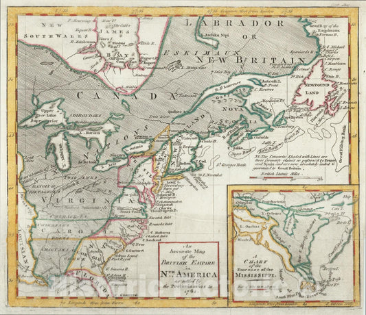 Historic Map : An Accurate Map of the British Empire in N.th America as settled by the Preliminaries in 1762., 1762, Gentleman's Magazine, v1, Vintage Wall Art