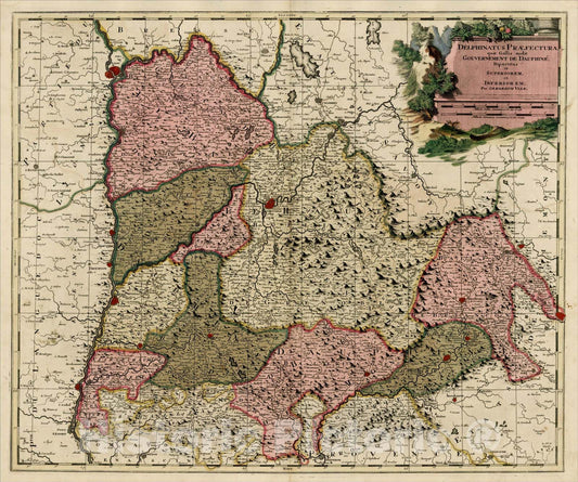 Historic Map : Delphinatus Praefectura quae Gallis audit Gouvernement De Daufine; Bipartitus in Superiorem, et Inferiorem , c1700, Gerard Valk, Vintage Wall Art