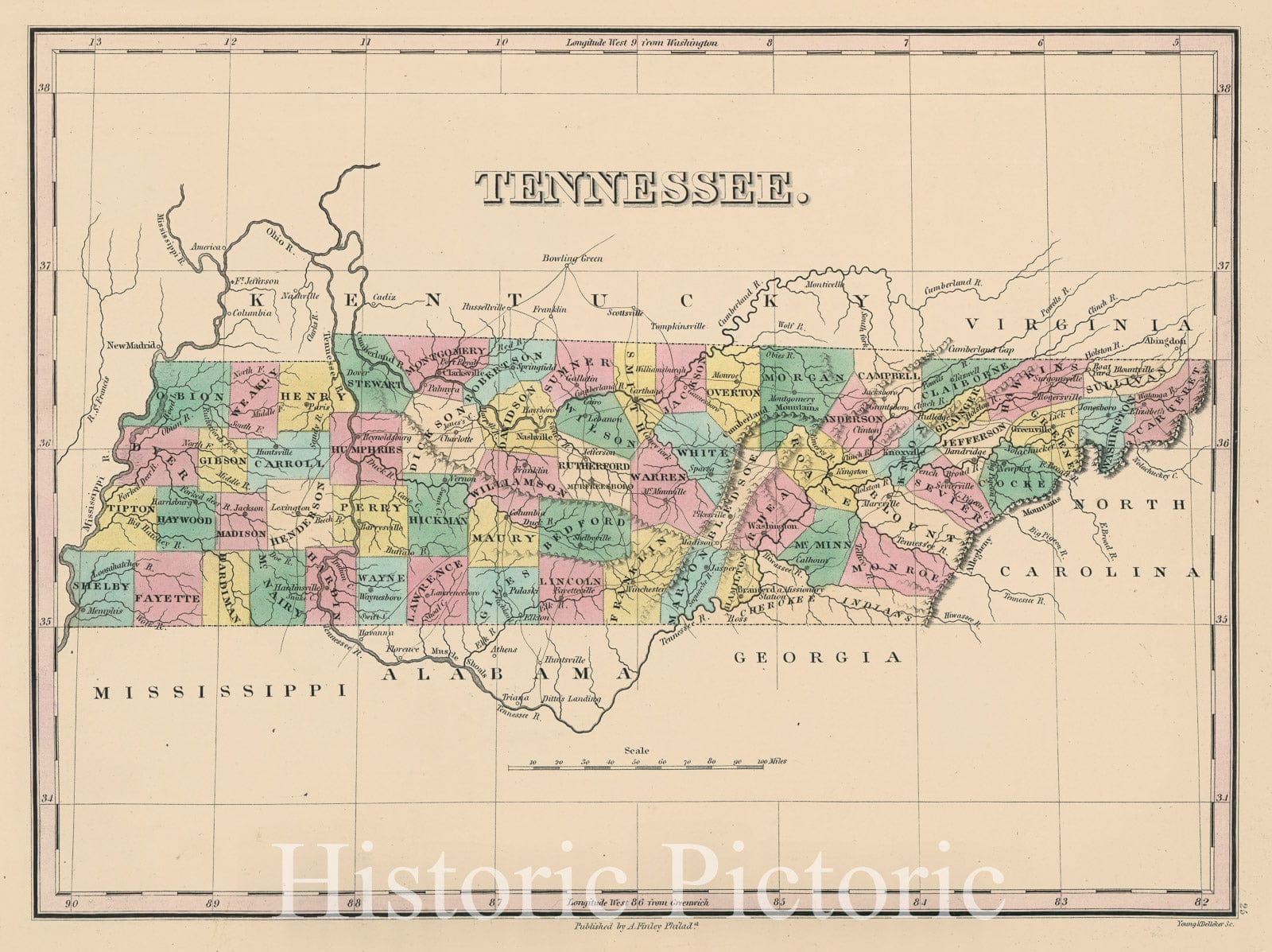 Tennessee - State Map, 1826 | Hand-Colored Historical Map Print