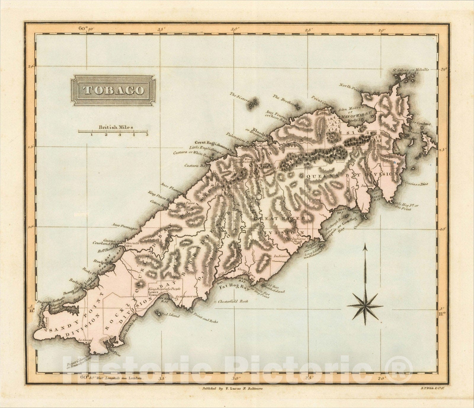 Historic Map : Tobago, 1823, Fielding Lucas Jr., Vintage Wall Art