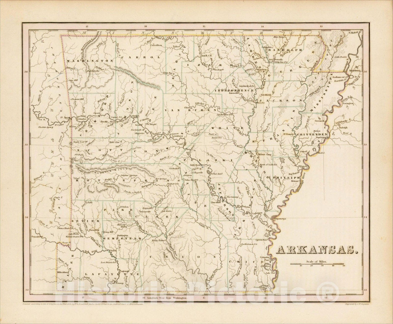 Historic Map : Arkansas, 1841, Thomas Gamaliel Bradford, Vintage Wall Art