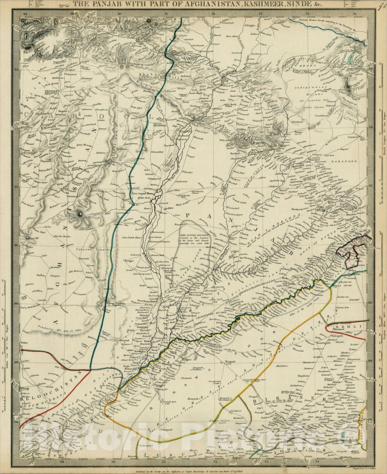 Historic Map : The Panjab, with part of Afghanistan, Kashmeer, Sinde, &c., 1839, SDUK, Vintage Wall Art