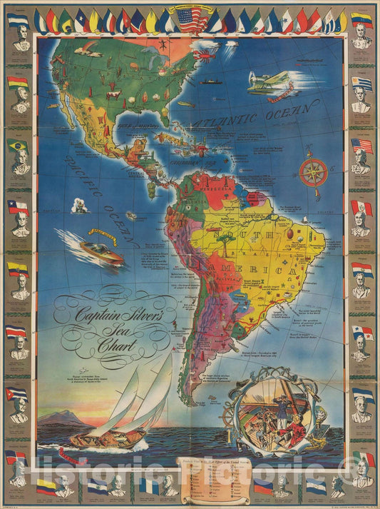 Historic Map : Captain Silver's Sea Chart, 1942, Neff, Vintage Wall Art