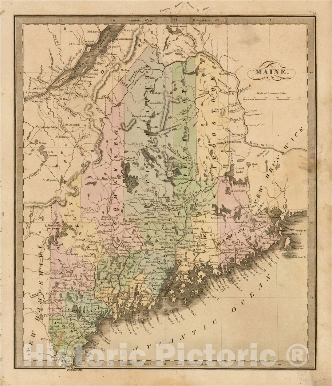 Historic Map : Maine [showing disputed boundaries as claimed by US, New Brunswick and as settled by the King of the Netherlands], 1849, Jeremiah Greenleaf, Vintage Wall Art