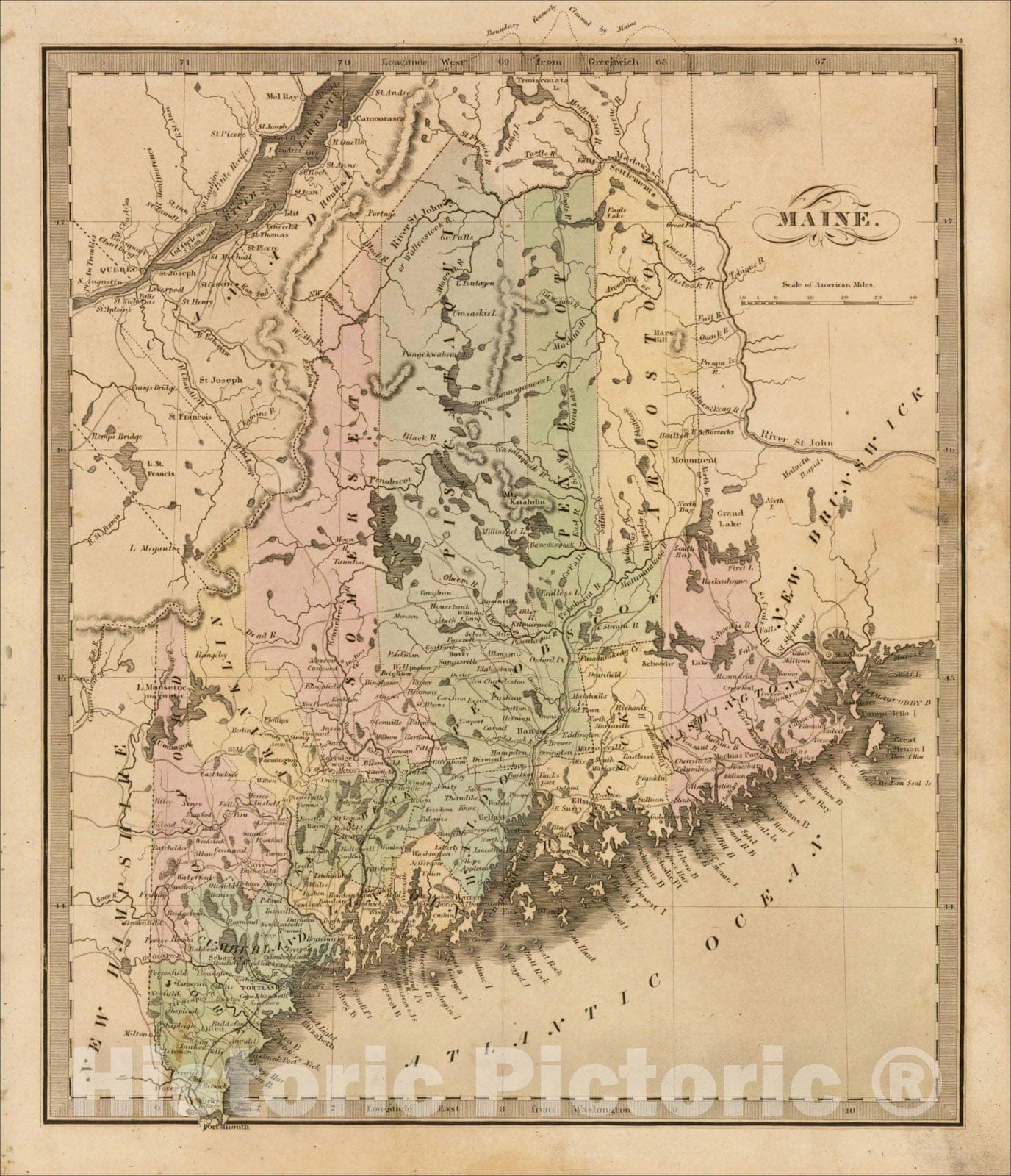 Historic Map : Maine [showing disputed boundaries as claimed by US, New Brunswick and as settled by the King of the Netherlands], 1849, Jeremiah Greenleaf, Vintage Wall Art