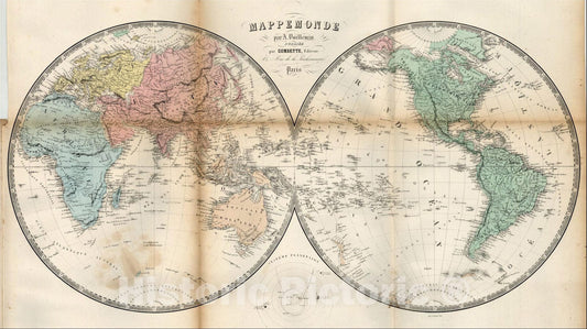 Historic Map : Mappemonde par A. Vuillemin?, 1850, Alexandre Vuillemin, Vintage Wall Art