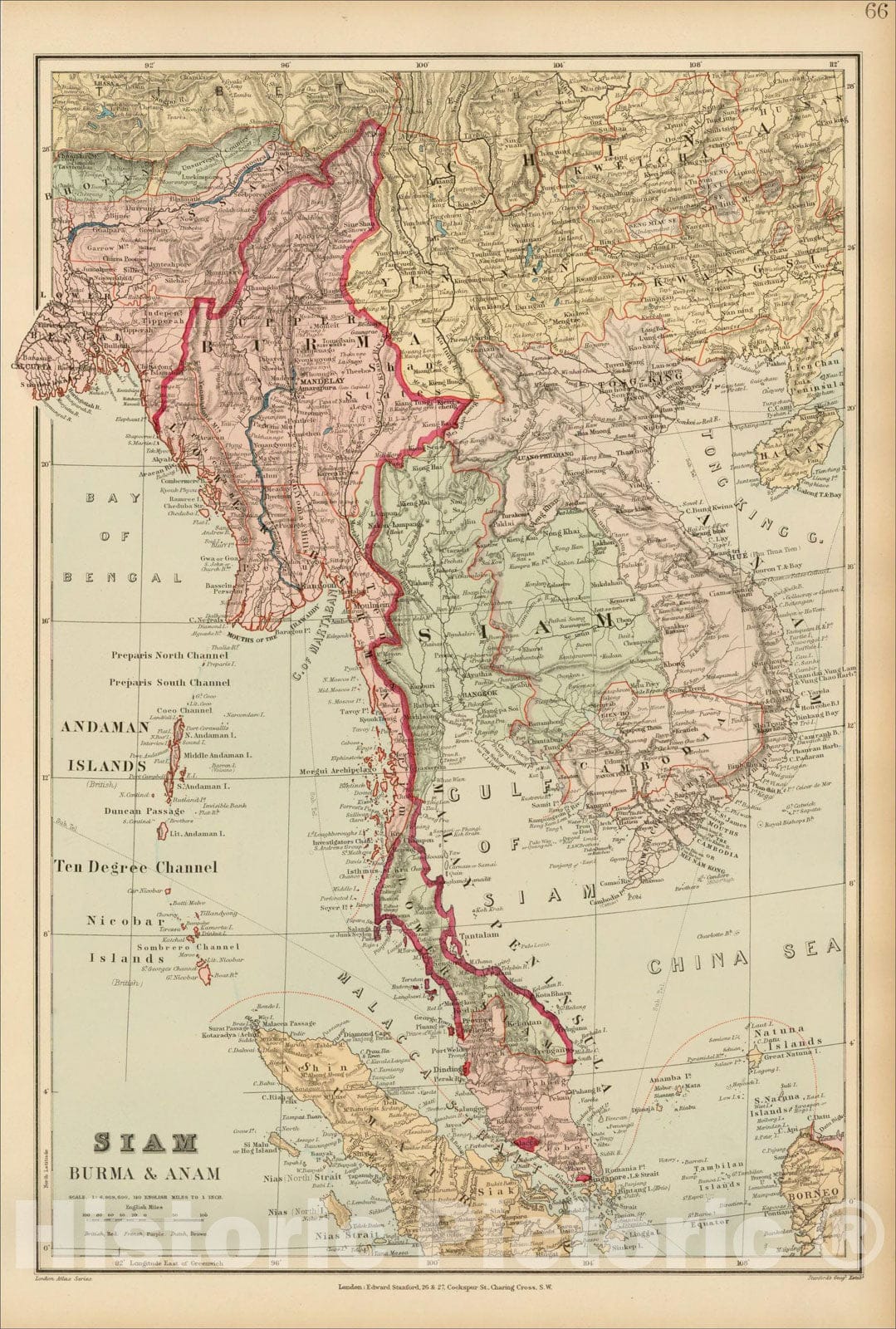 Historic Map : Siam Burma & Anam, 1896, Edward Stanford, v1, Vintage Wall Art