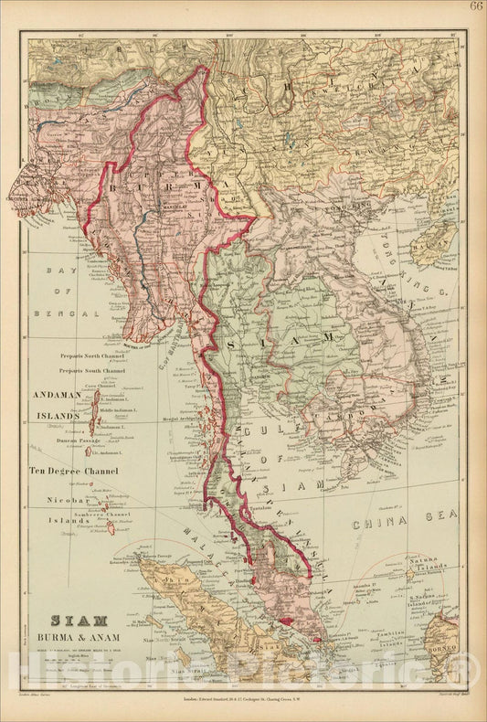 Historic Map : Siam Burma & Anam, 1896, Edward Stanford, v1, Vintage Wall Art