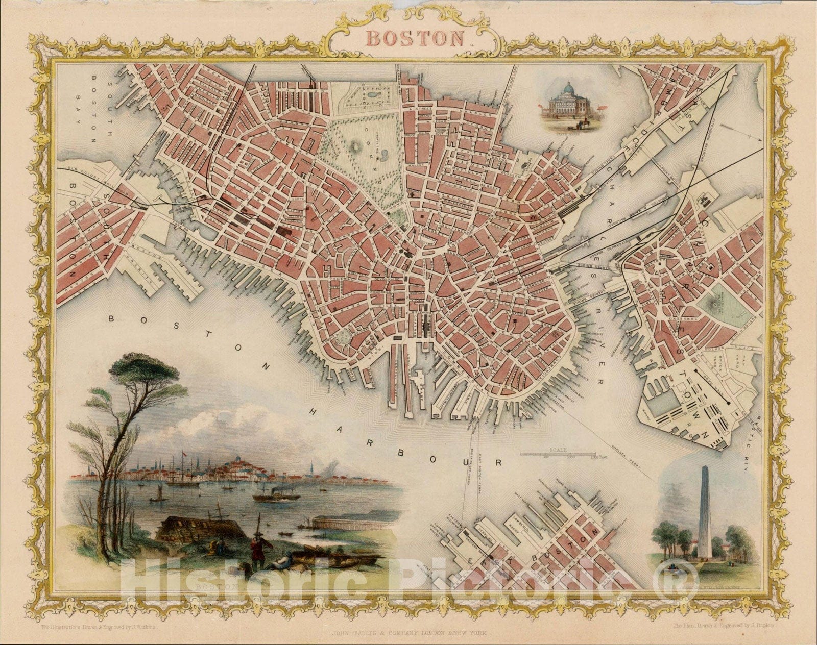 Historic Map : Boston, 1851, John Tallis, v1, Vintage Wall Art