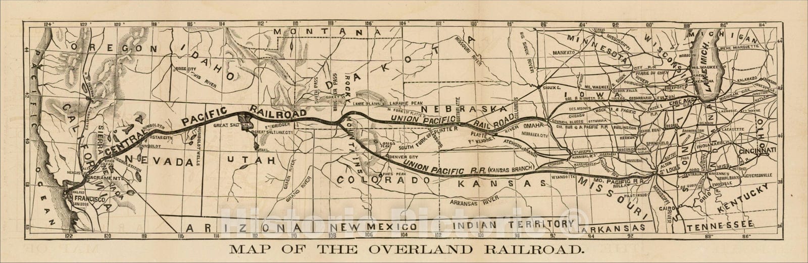 Historic Map : Map of the Overland Railroad (Early Central Pacific RR), 1866, Anonymous, Vintage Wall Art