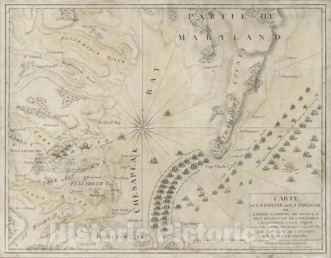 Historic Map : Carte de la Partie de la Virginia ou L?Armee Combinee de France & Des Etats-Unis de L?Amerique, c1782, , Vintage Wall Art
