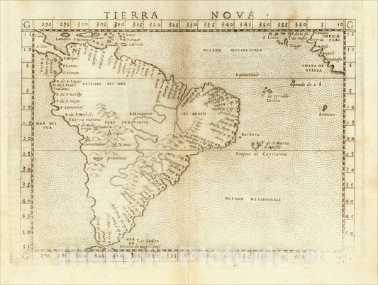 Historic Map : Tierra Nova [South America], 1561, Girolamo Ruscelli, Vintage Wall Art
