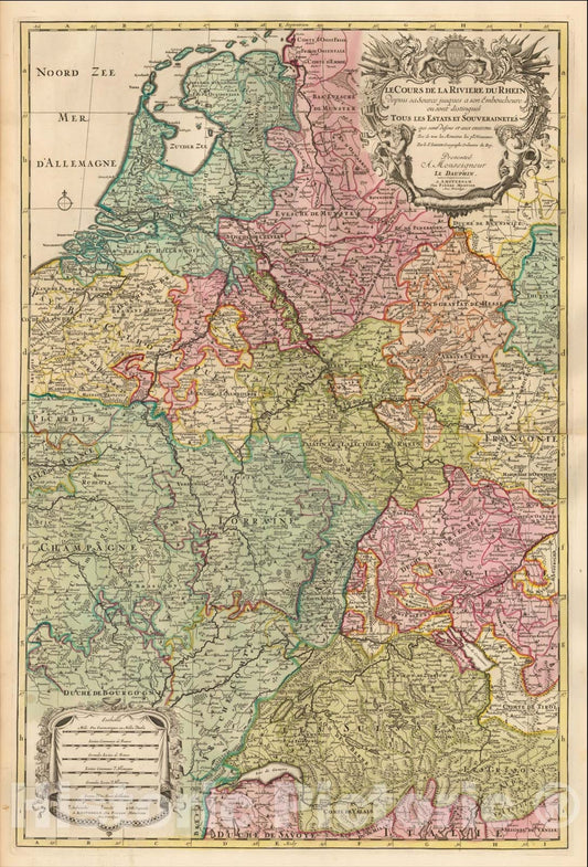 Historic Map : Le Cours de la Riviere du Rhein depuis sa Source jusques a son Emboucheure ou sont distingues Toutes les Estates et Souverainetes, c1700, , Vintage Wall Art