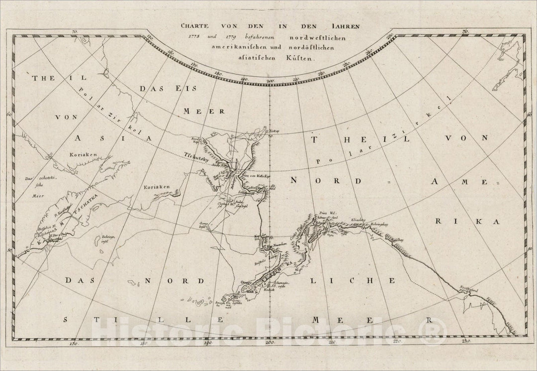 Historic Map : Charte Von Den In Den Iahren 1778 und 1779 befahrenen nordwestlichen amerikanischen und nordostlichen asiatischen Kusten, 1786, James Cook, Vintage Wall Art