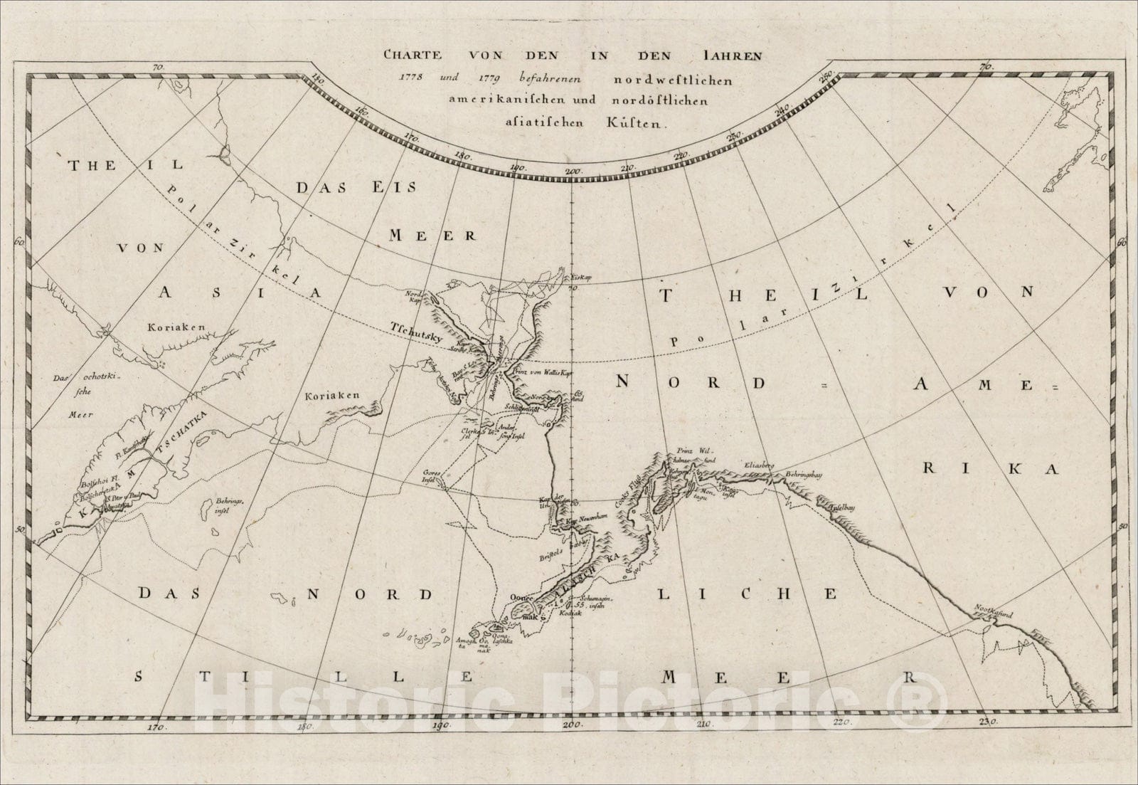 Historic Map : Charte Von Den In Den Iahren 1778 und 1779 befahrenen nordwestlichen amerikanischen und nordostlichen asiatischen Kusten, 1786, James Cook, Vintage Wall Art