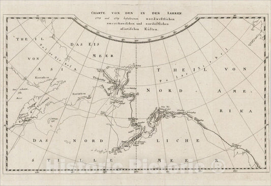 Historic Map : Charte Von Den In Den Iahren 1778 und 1779 befahrenen nordwestlichen amerikanischen und nordostlichen asiatischen Kusten, 1786, James Cook, Vintage Wall Art