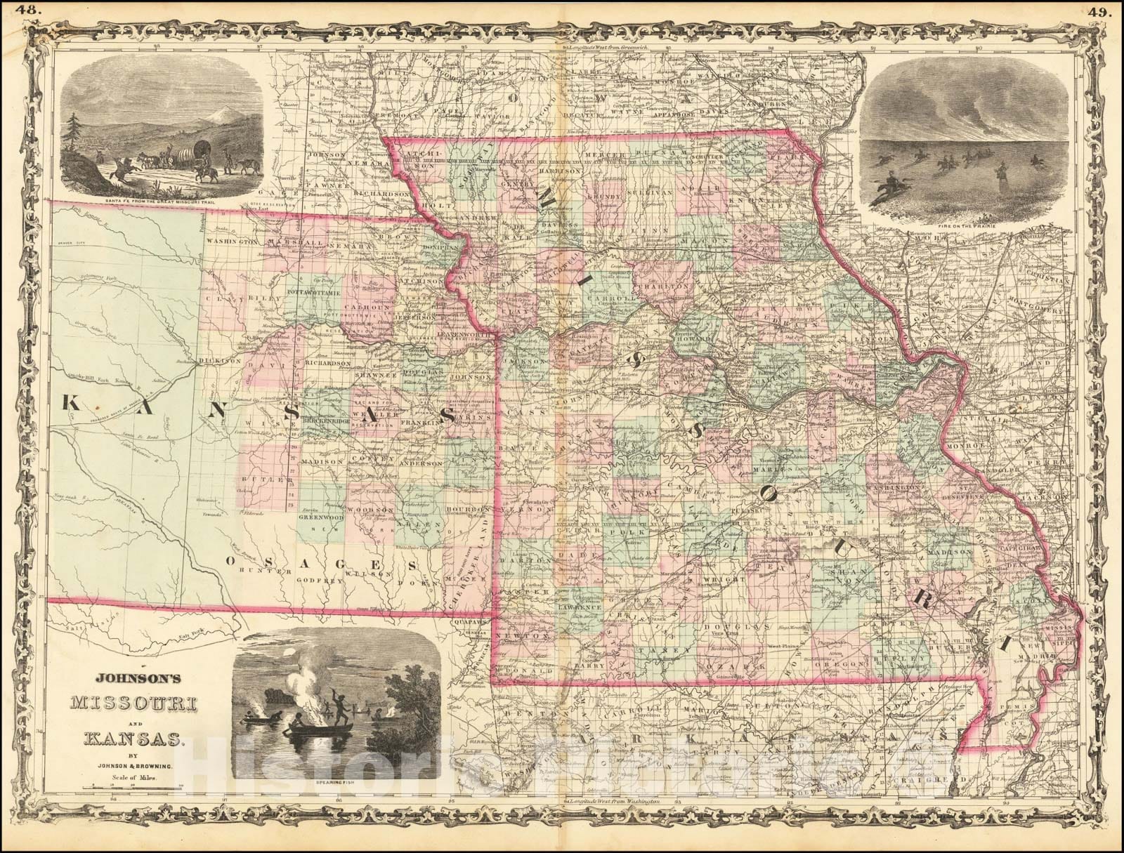 Historic Map : Johnson's Missouri and Kansas, 1861, Alvin Jewett Johnson, Vintage Wall Art