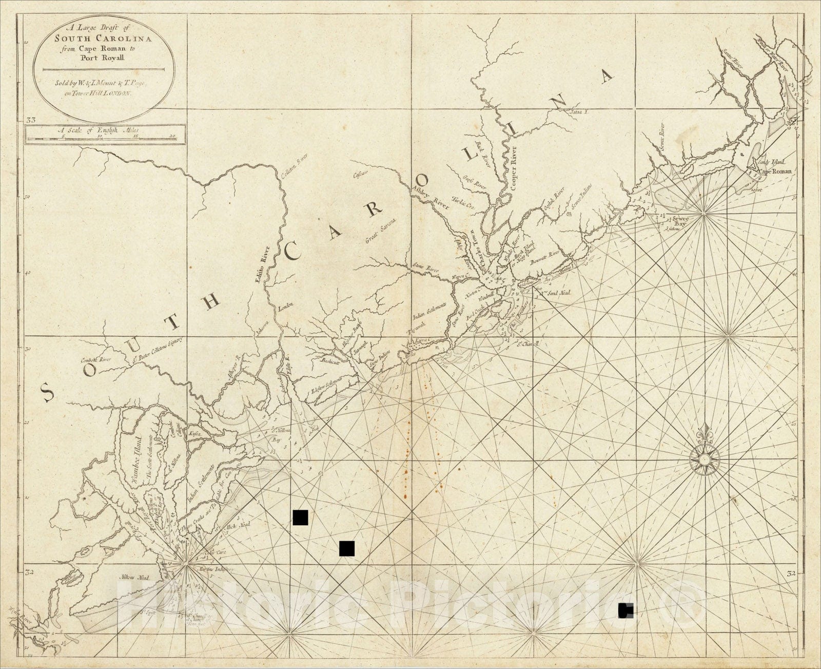 Historic Map : A Large Draft of South Carolina from Cape Roman to Port Royall, 1764, Mount & Page, v1, Vintage Wall Art