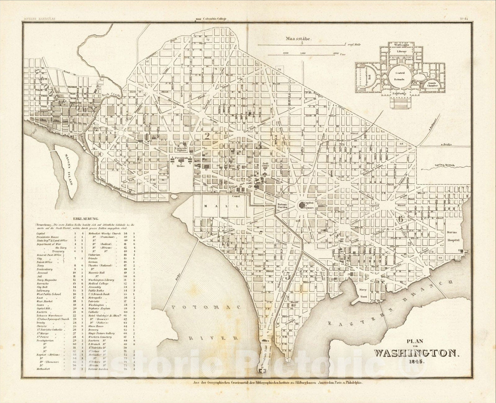 Historic Map : Plan von Washington. 1845, 1845, Joseph Meyer, Vintage Wall Art